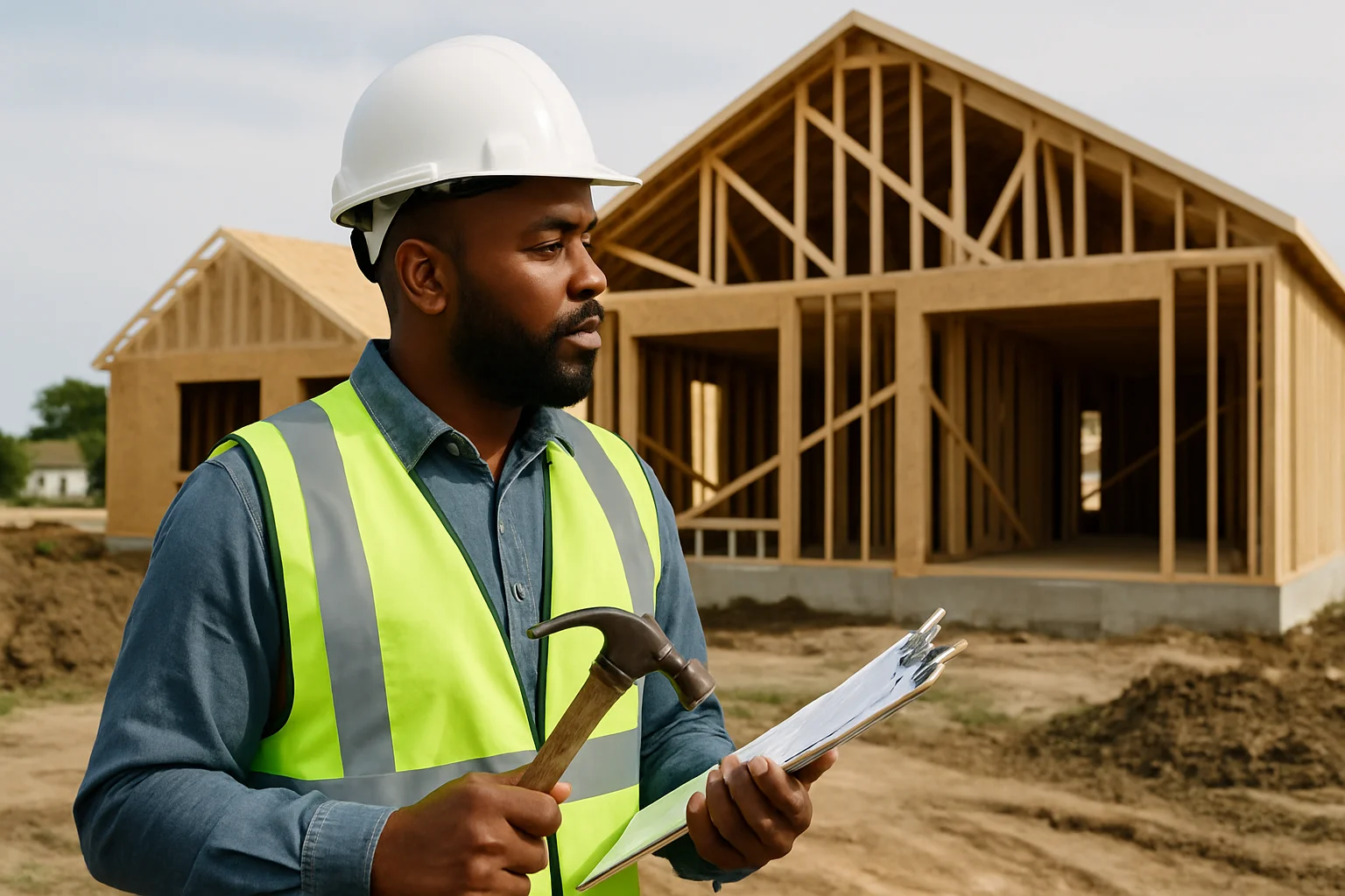 Contractor inspecting a construction site in Illinois with a partially built structure in the background.