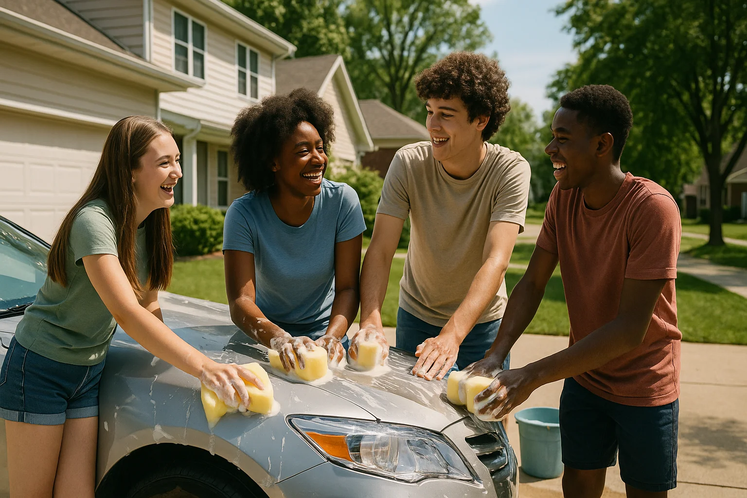 A group of happy teens washing a car in a sunny driveway in Illinois.