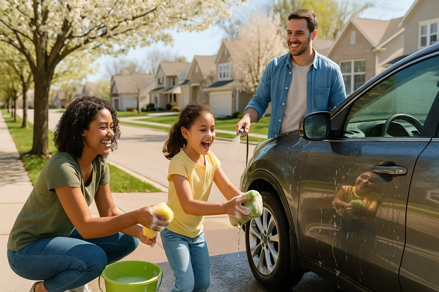 A diverse family washing their car in a sunny Springfield driveway, enjoying time outdoors.