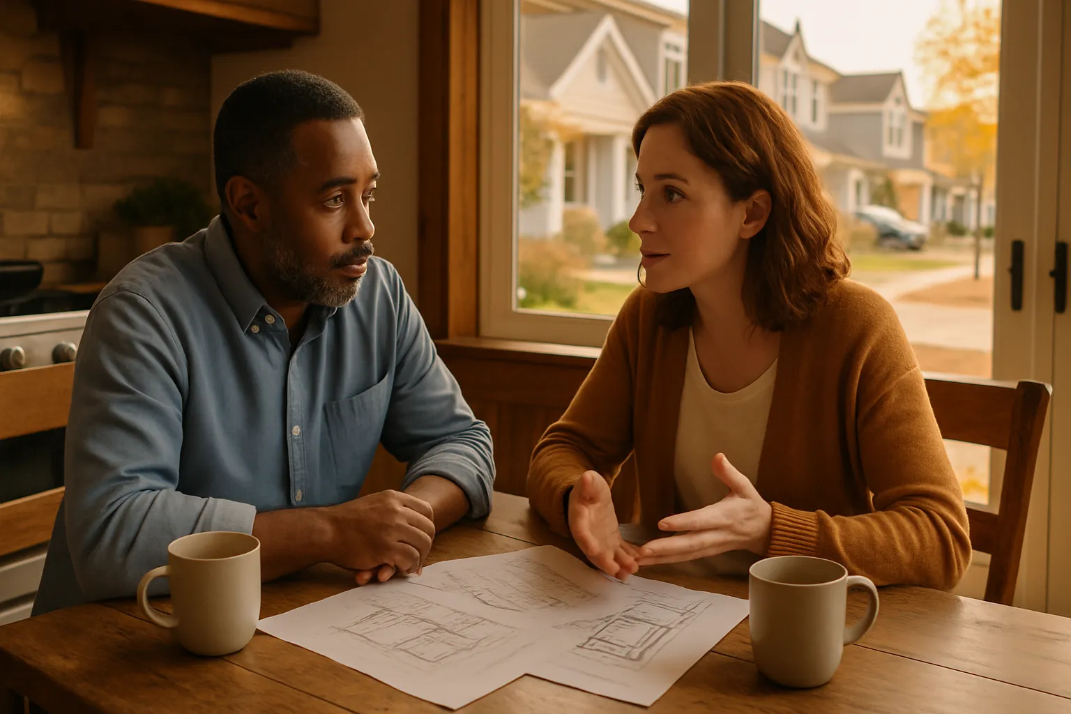 A couple reviews home renovation plans and insurance options at their kitchen table in Illinois.