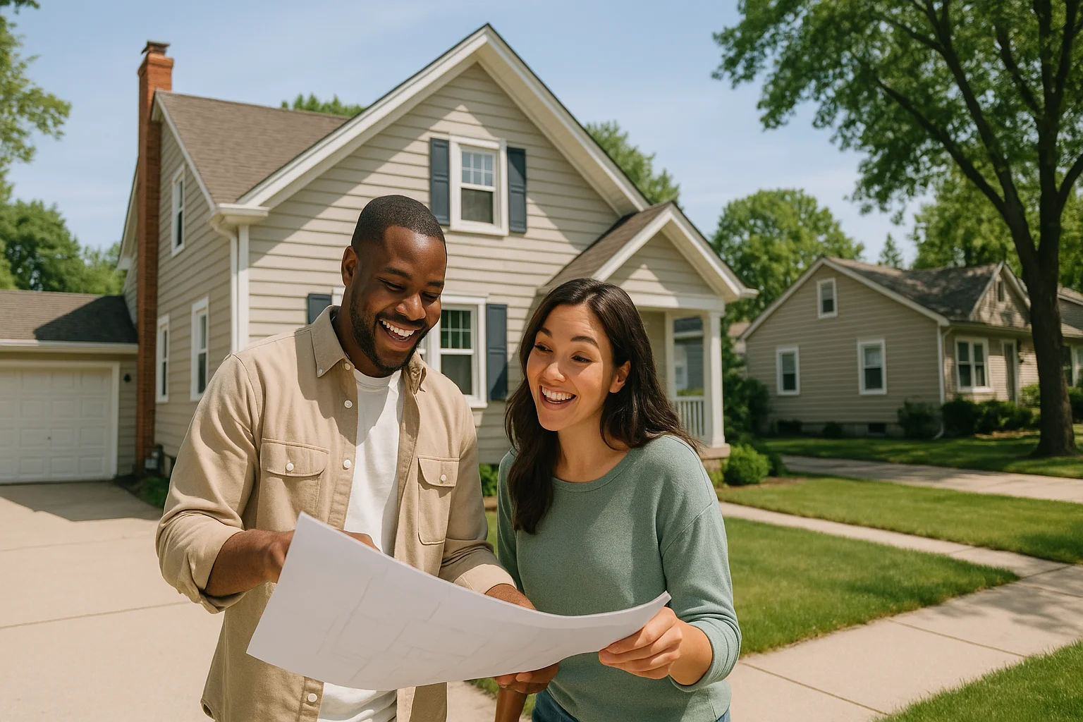 A couple evaluates their home's exterior, planning renovations in a sunny Illinois neighborhood.