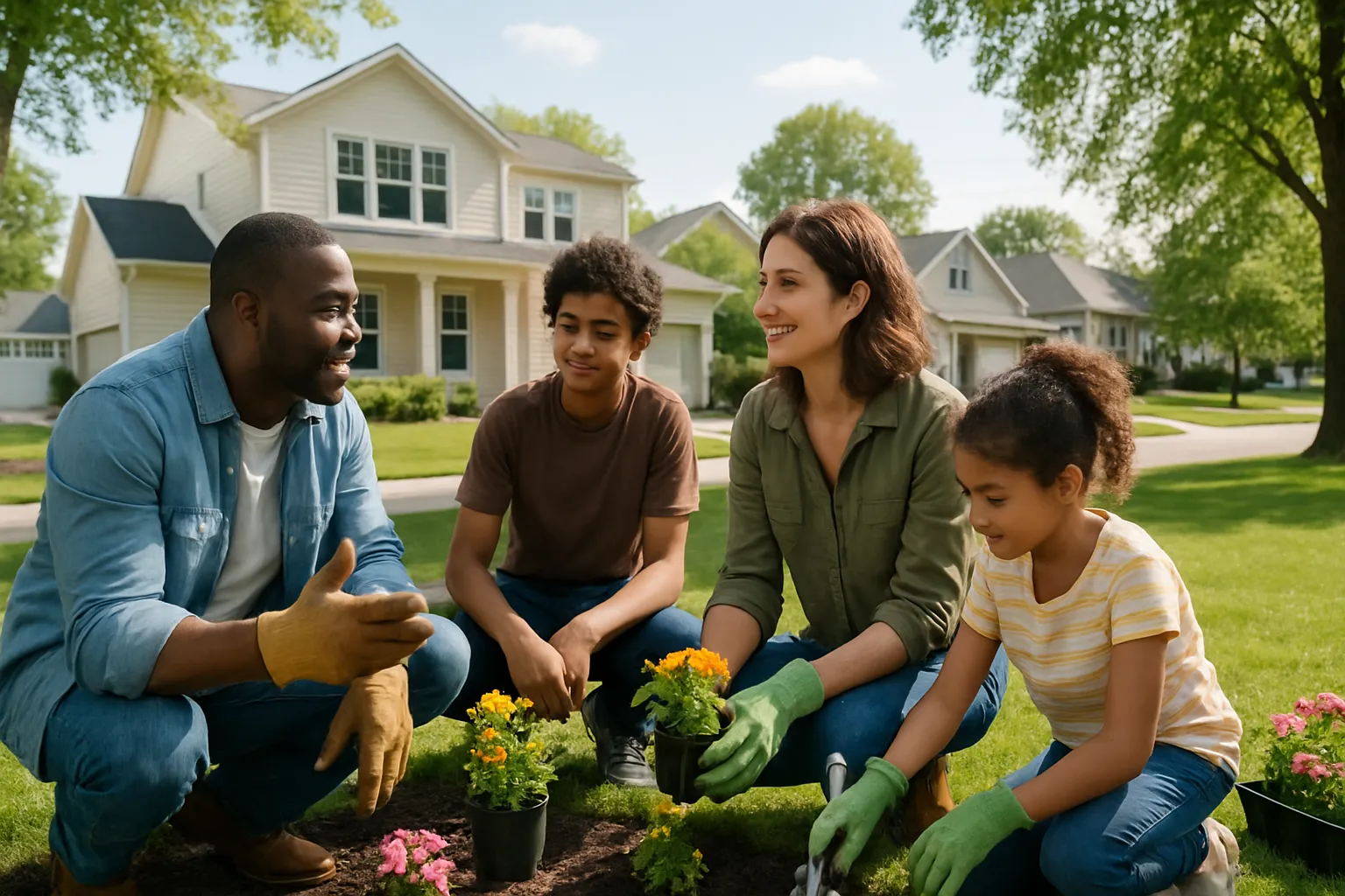 A family enjoying time in their sunny Springfield backyard, discussing home improvements together.