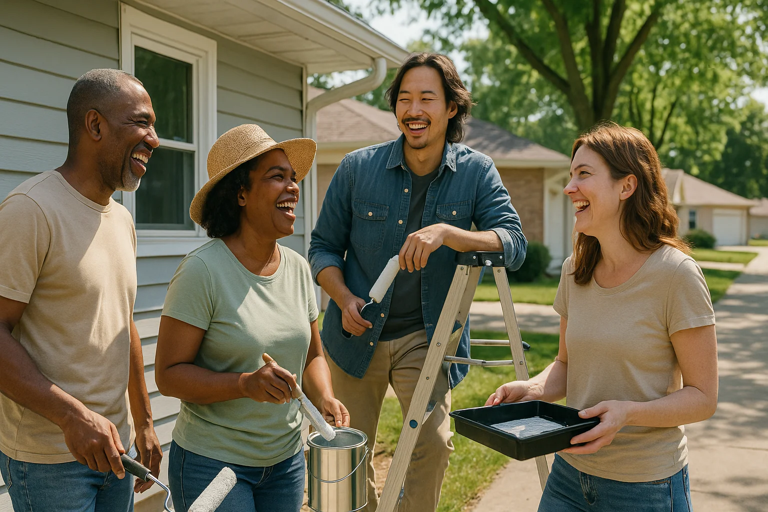 Friends enjoy a sunny day painting a home in Springfield, Illinois, reflecting community spirit and homeownership.