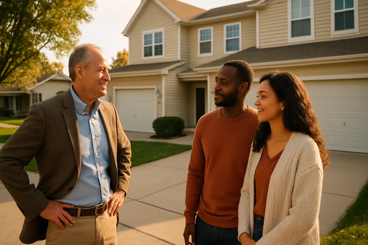 A landlord and tenants discuss lease details outside a charming duplex in Springfield, Illinois.