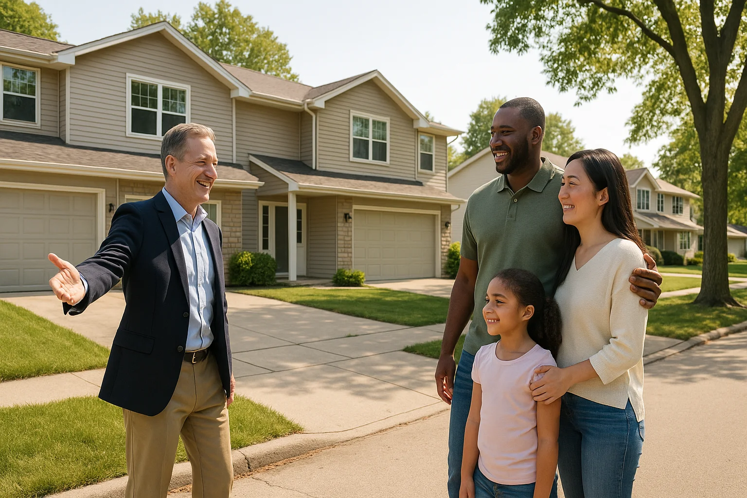 A diverse landlord guiding tenants through a duplex in a sunny Illinois neighborhood.